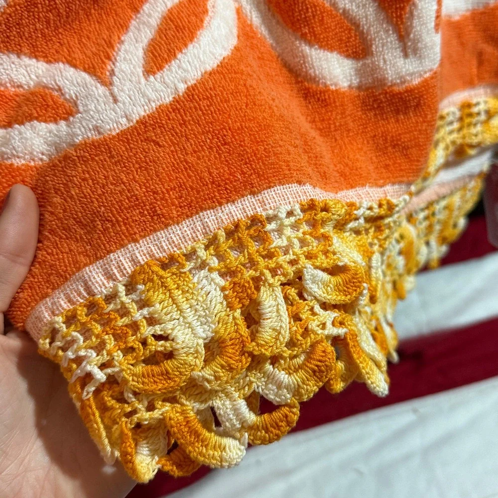 True Vintage crochet hem Orange White Geometric Towel  by MARTEX, cotton, USA